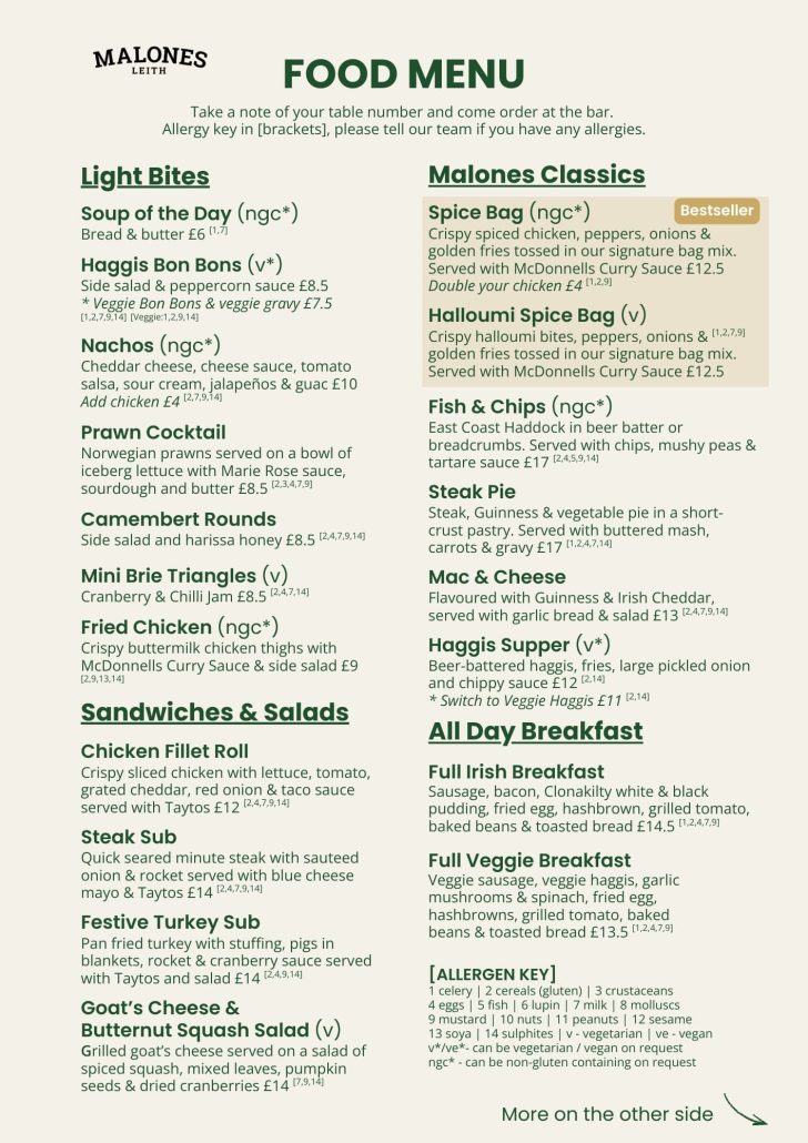 Malones Leith's Food Menu December 2025 Page 1