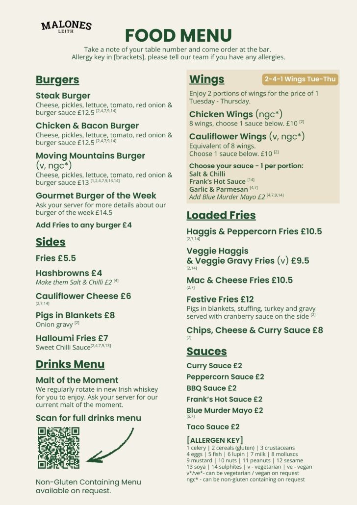 Malones Leith's Food Menu December 2025 Page 2