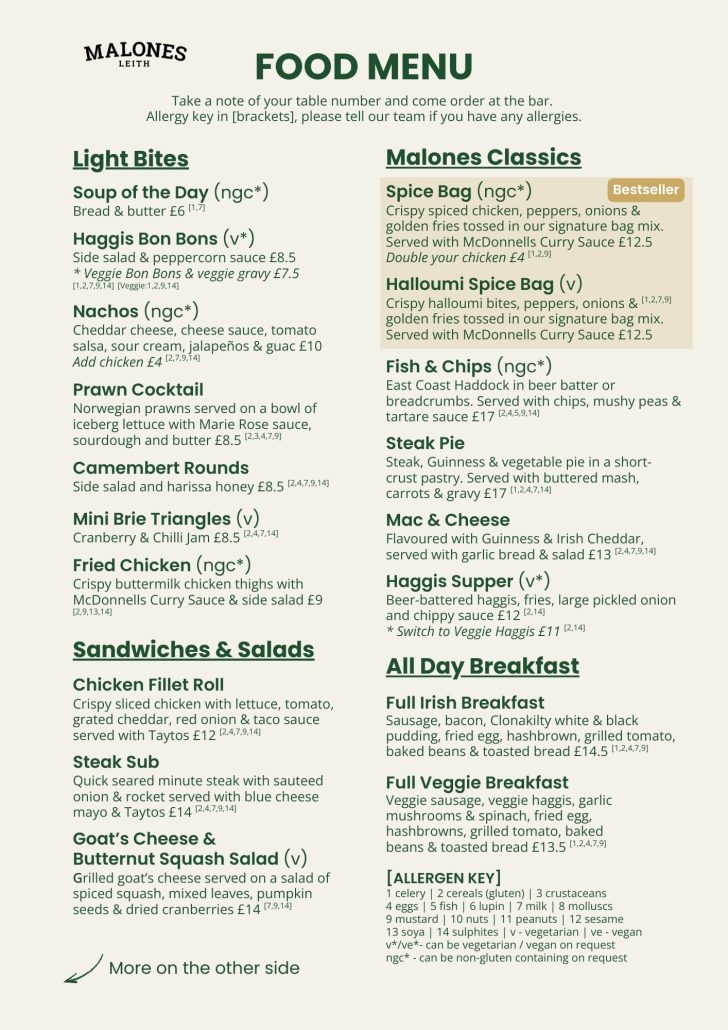 Malones Leith's Food Menu January 2026 page 1